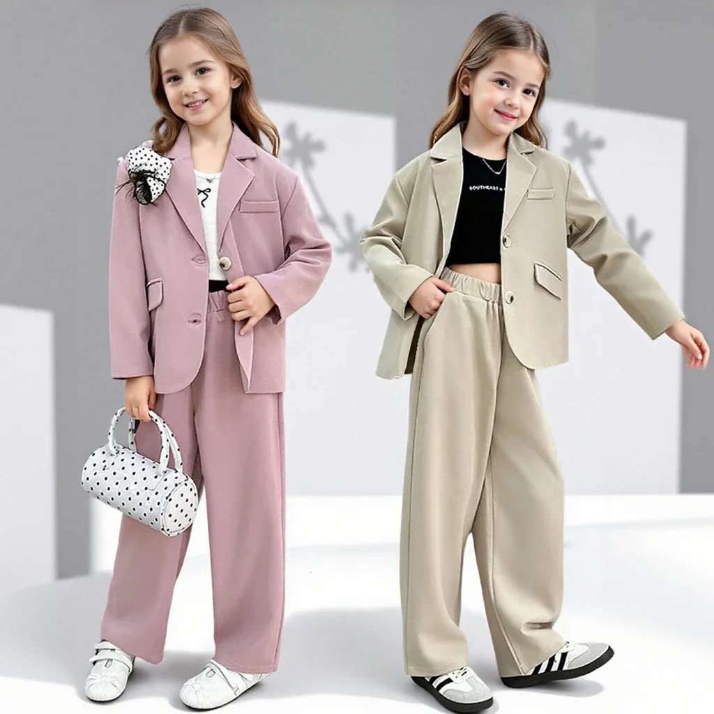 Girls Suit Pink Elegant Formal Occasions Kids Performances Costumes 2 To 14 Y School Teenage Casual Outfits Children Blazers Set