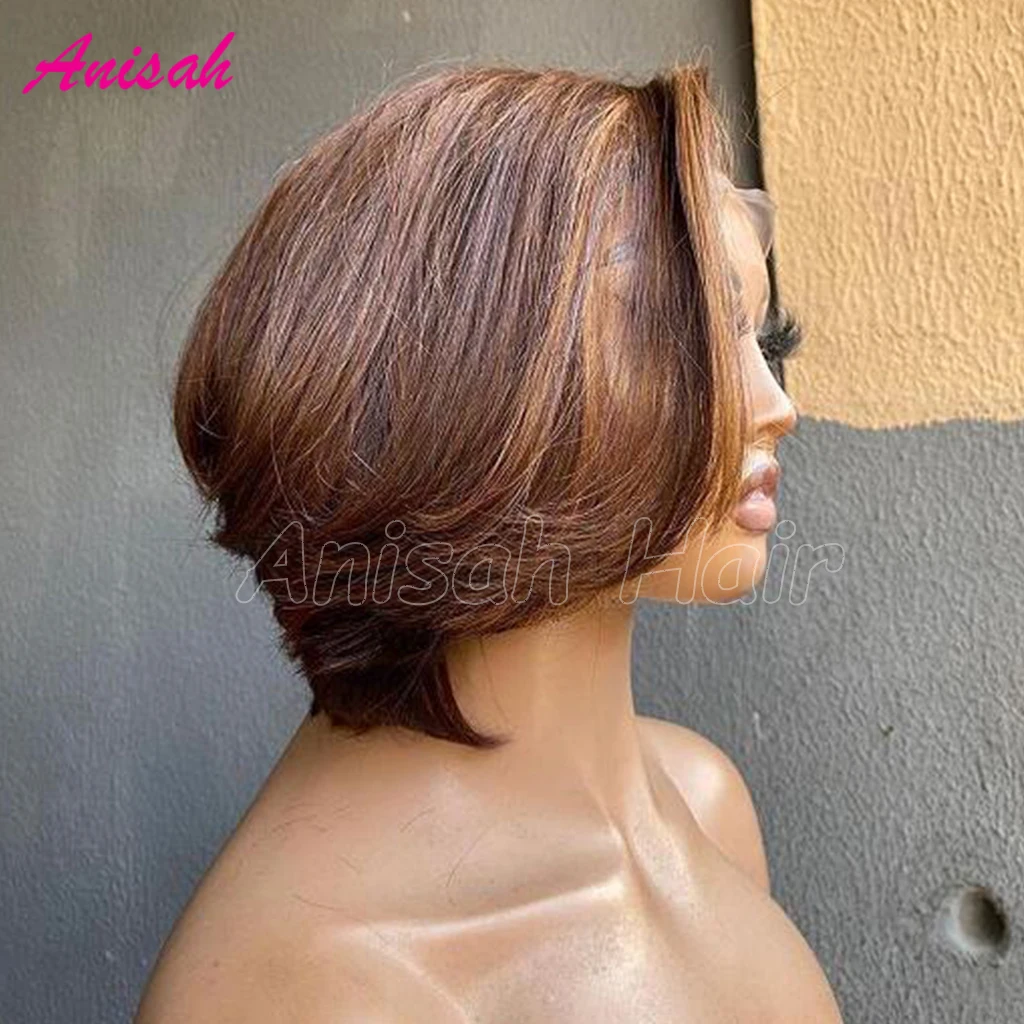 Perucas Glueless Bob para mulheres negras, cabelo humano, destaque curto, frontal transparente do laço