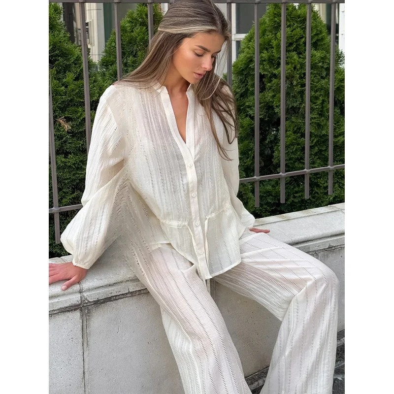 QICHE Women Puff‑Sleeve Stand‑Collar Jacquard Blouse Tie‑Waist High‑Waist Draped Wide‑Leg Pants Two‑Piece Set