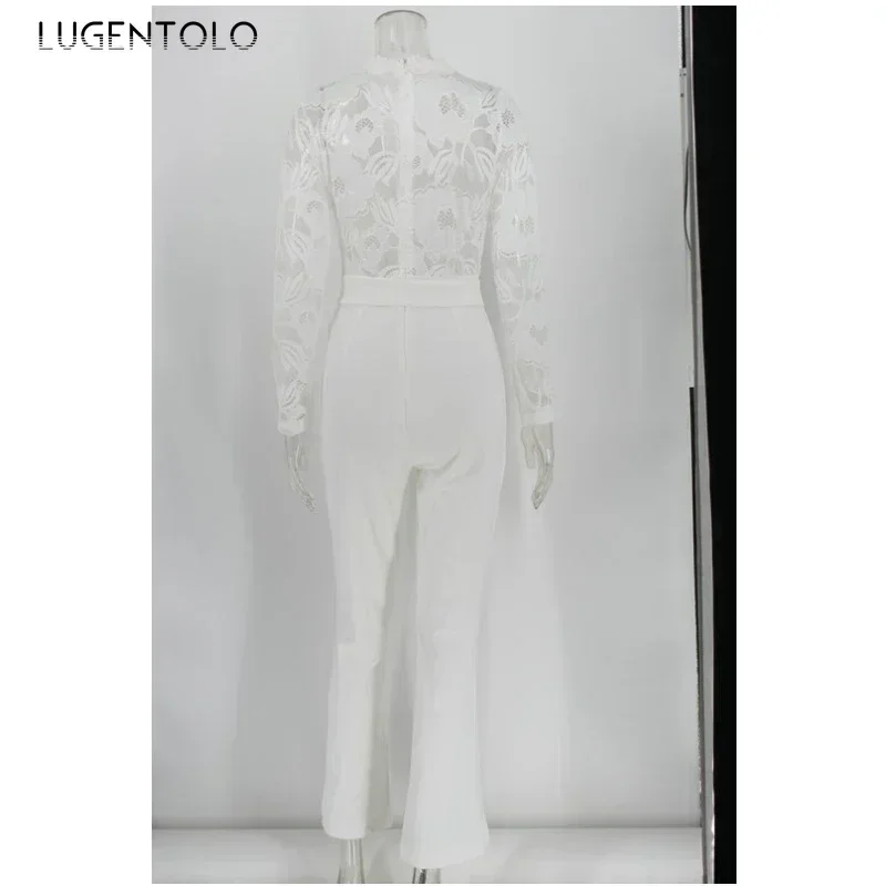 Lugentolo-Mono Blanco con costuras de encaje para mujer, traje de manga larga con cuello en V, pantalones de pierna ancha de talla grande, para oficina