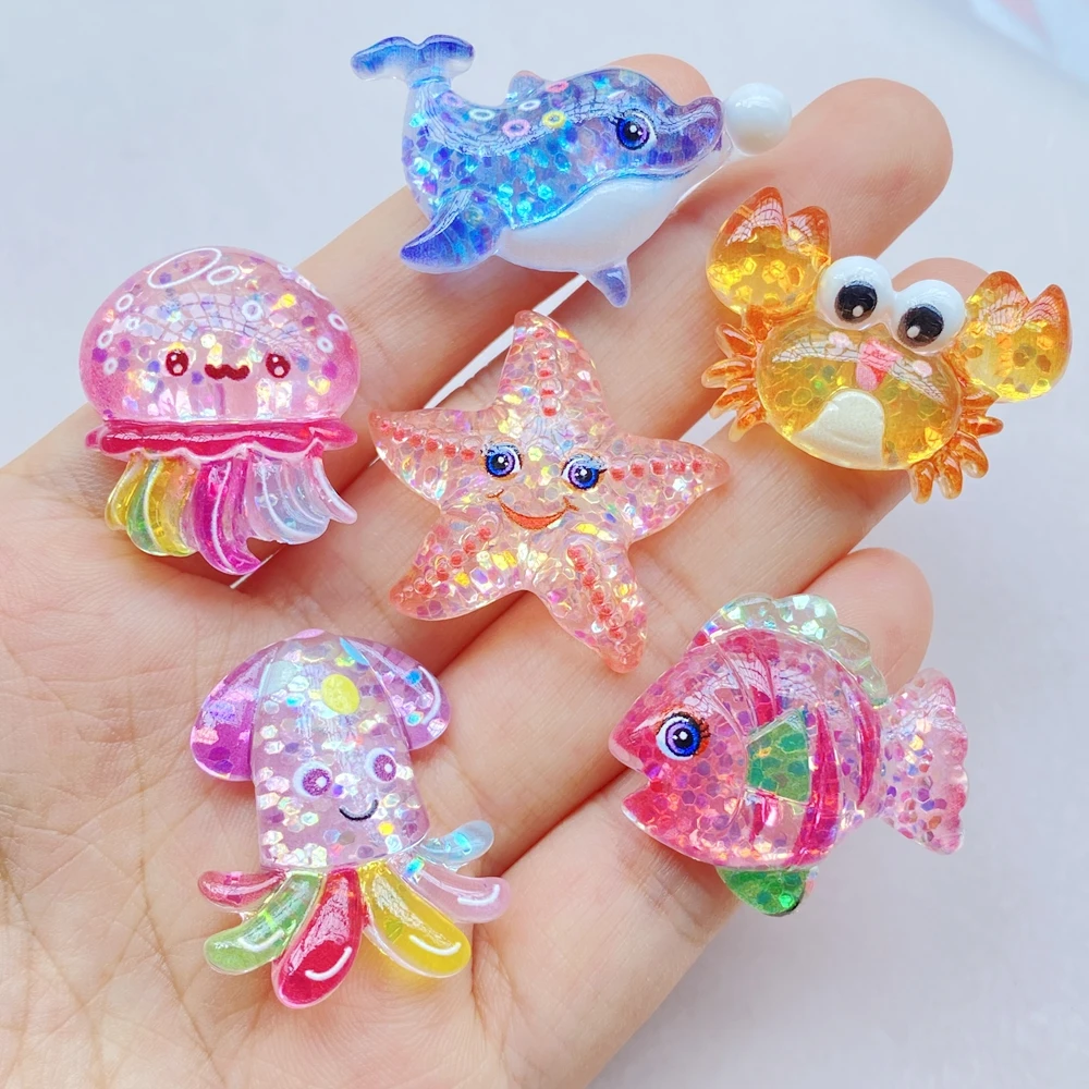 10Pcs New Cute Resin Cartoon Octopus, Crab, Starfish, Fish Series Flat Back Parts Embellishments For Hair Bows Accessories