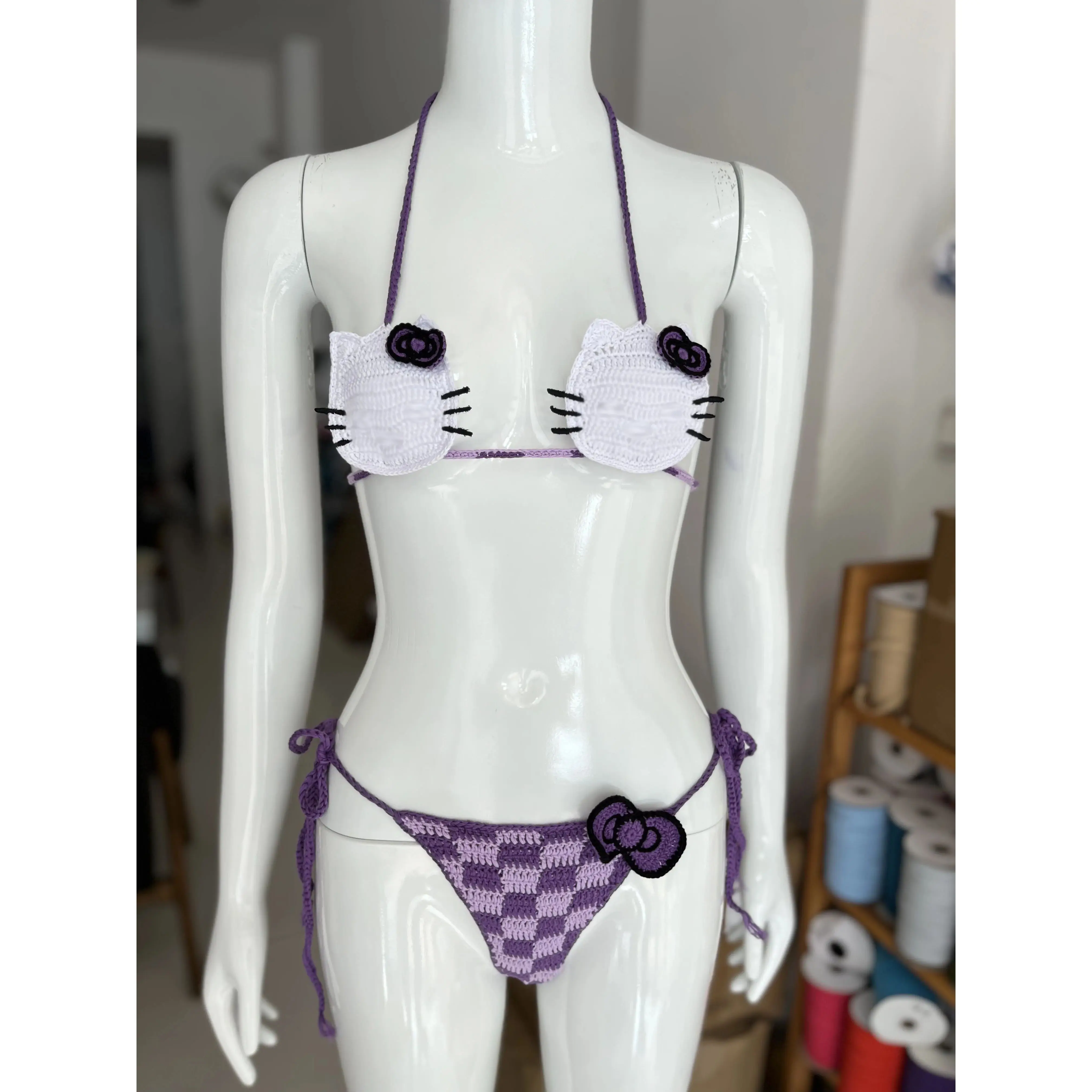 Hello Kitty Bikini Set Lady's Crochet Bathing Suit Sexy Micro Bikinis Fashion Ties Swimsuit Thong Swimwear Women Swimming Suit