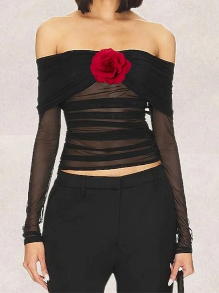 تي شيرت شبكي شفاف للنساء ملابس الشارع الشهير بلوزة سوداء على شكل زهرة Y2k ملابس مكشوفة الأكتاف Camisetas بأكمام طويلة Ropa De Mujer