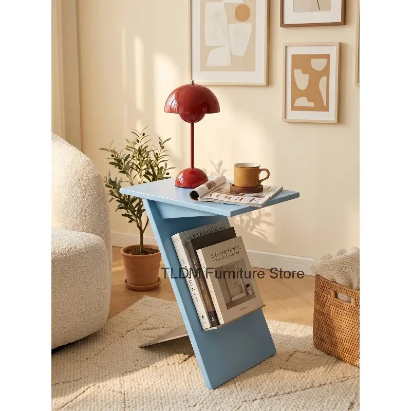Z-Shaped Freestanding Side Table with Flat Top & Built-in Magazine Rack Minimalist Slant Frame Bedside Accent Table for Bedroom