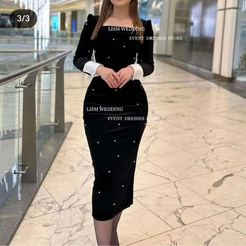 LISM-elegante vestido de noche de terciopelo con perlas negras para mujer, vestido de sirena árabe saudita, mangas largas, cuello cuadrado, vestido Formal para ocasiones