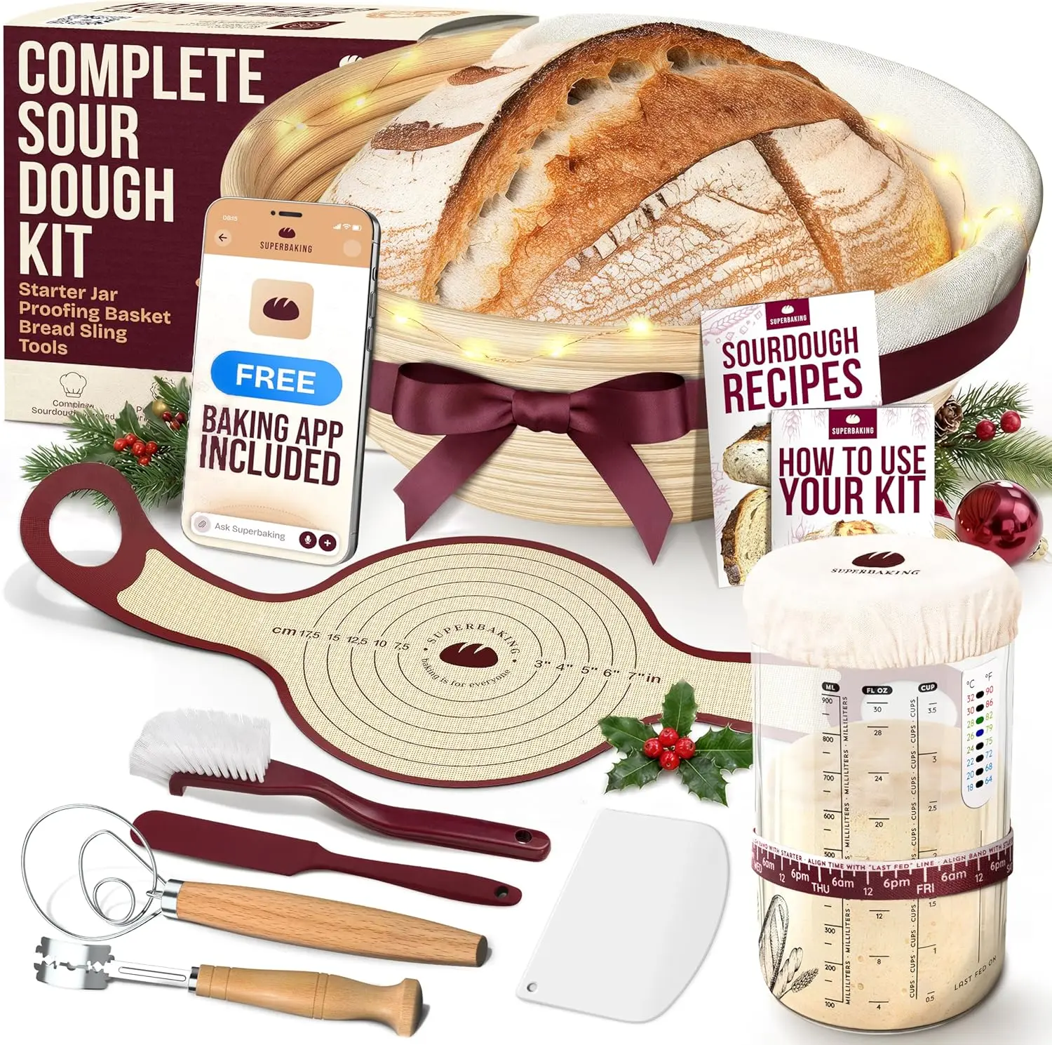 

Complete Sourdough Starter Kit with Bread Basket, Jar, Silicone Sling & Tools for Artisan Baking