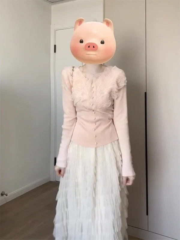 

Ele V-Ne Lace Knitwear Long Sve Women's Top Heavy Embroidery 3D Petal Sle Commute Fit Autumn High-End Sensation