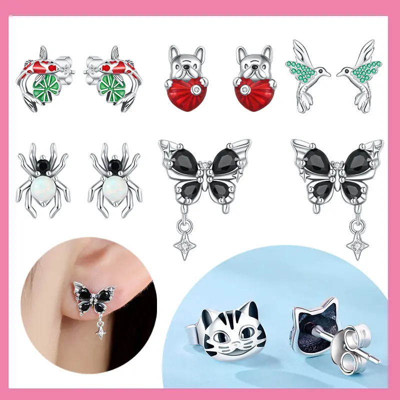 925 Sterling Silver Cute Pug Prickly Bird Cute Pet Claw Printing Fantasy Spider Earrings Boutique Fine Jewelry Gifts for Women
