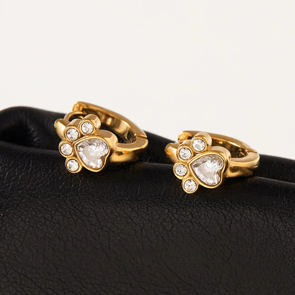 

Cute Cat Paw Footprint Ear Buckle Fashion Zircon Hoop Earrings for Women Stainless Steel Charm Circle Earrings Jewelry Gifts