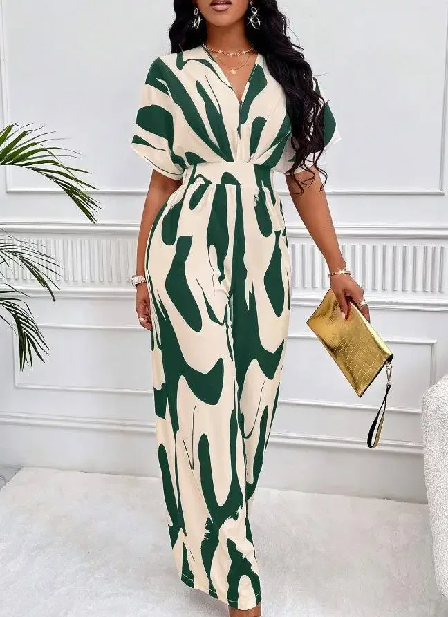 

Fashion Women Jumpsuit Loose Wide-leg Pants Casual Romper Streetwear Women Jumpsuit Summer Sexy V-neck Print Casual Jumpsuit