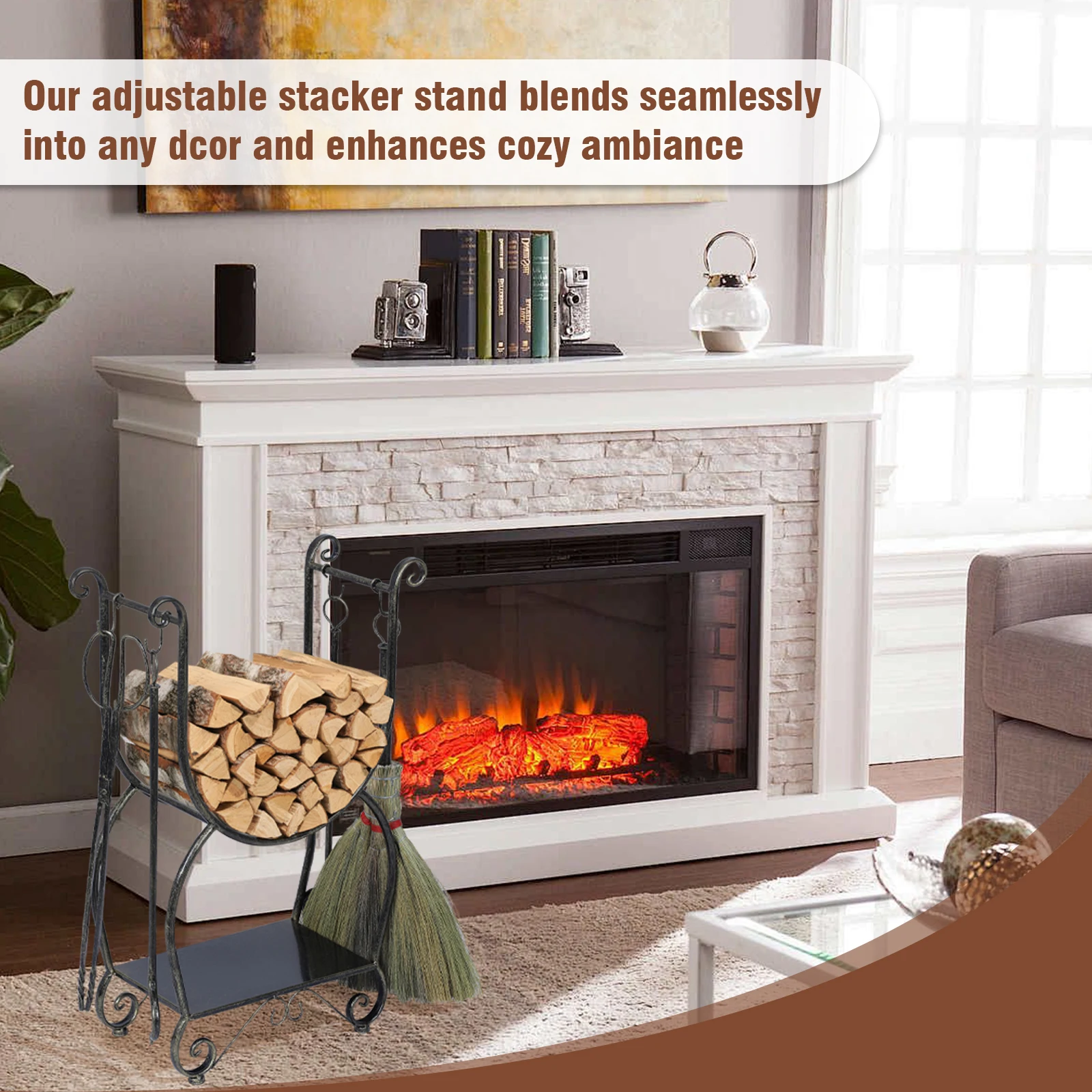 

Metal Firewood Rack Set with 4 Fireplace Tools Black Copper Log Holder No Need To Install Firewood Rack for Fireplaces