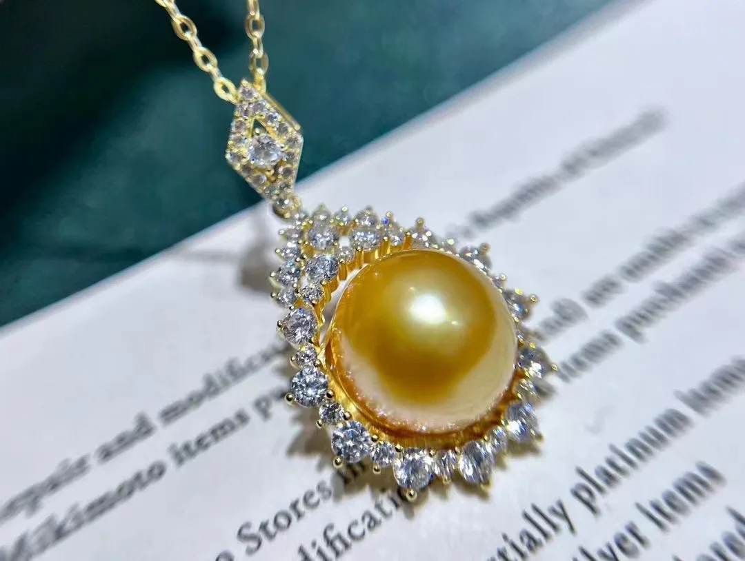 hot  AAA 11-12mm 12-13mm 13-14mm South  Sea Gold bread Pearl Pendant Necklace 925S 18inch