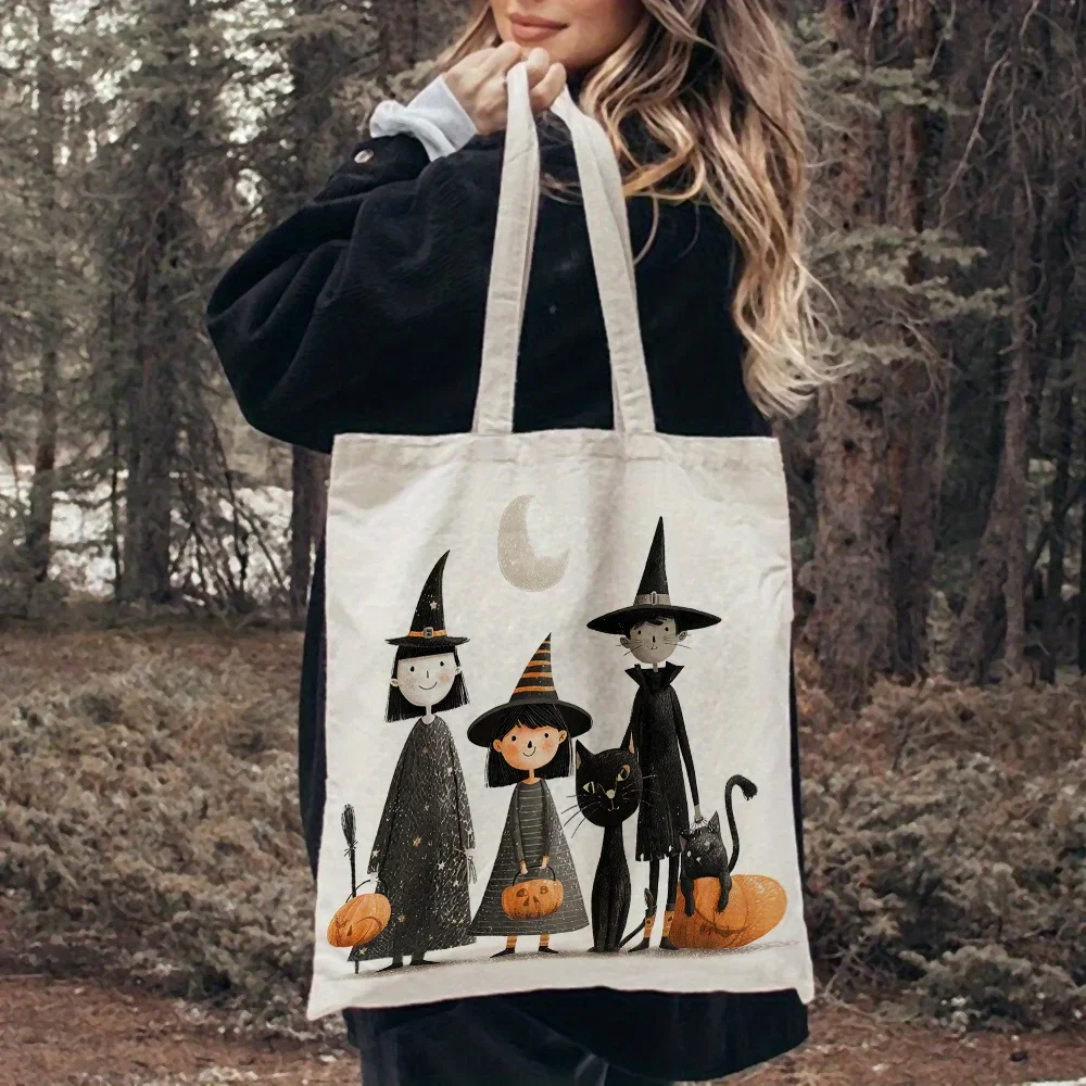 1pc, Halloween Witches and Cats Canvas Tote Bag Reusable Grocery Bags (35.05cm x 40.13cm), Spooky Seasonal Bag for Daily Shoppin