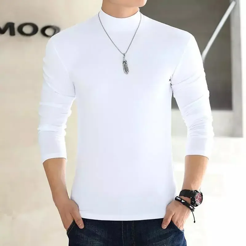 Men's Long Sleeve Cotton Half Polo/turtle Neck Base Layer T-shirt Solid Color Top For Young Middle-aged Men