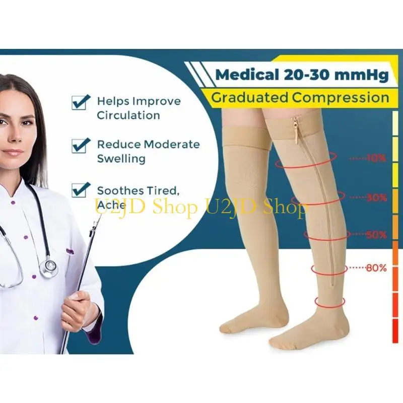U2JD Reinforced Thigh Compression Stockings Zippered Closured Promotes Blood Reduces Swelling Socks For Travel Fitness