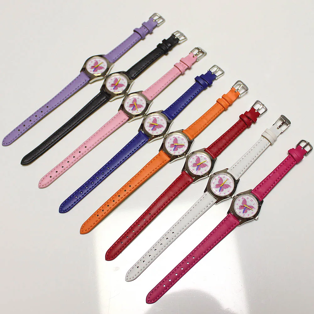 10pcs/Set, Cute Cartoon Watch Fashion Small Butterfly Girl Quartz Watches Leather Quartz Children's Gift Clock Wristwatch