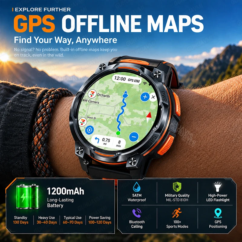 New Military Offline Maps Smart Watch Men 6 Satellite Precise Positioning 5ATM Waterproof HD Call 107+Sport Modes LED Flashlight