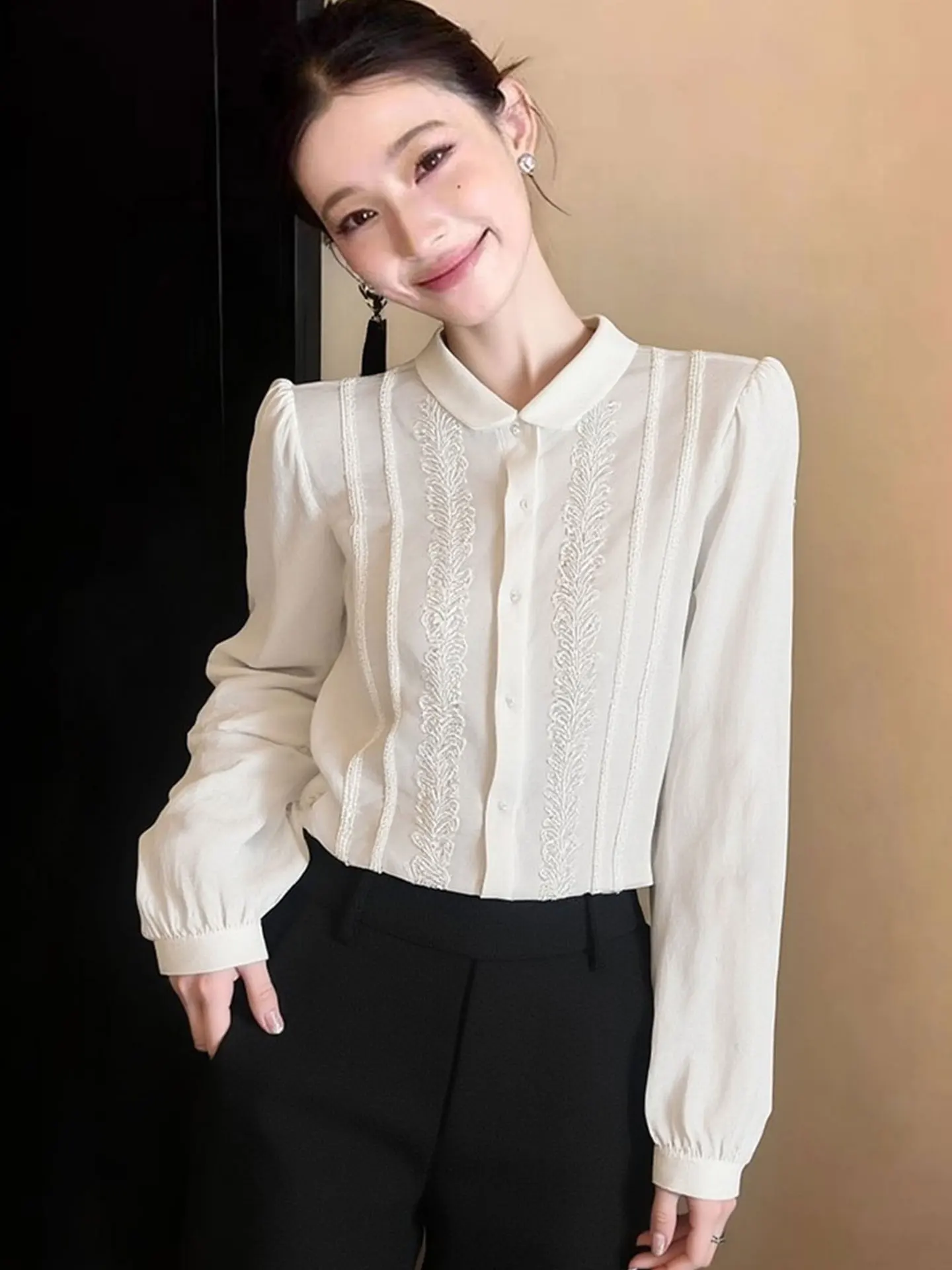 

Ele Embroidered Long Sve irt Women's Faionable Sli Spring Top Korean Sle Straight Cut Silk Blend Blouse