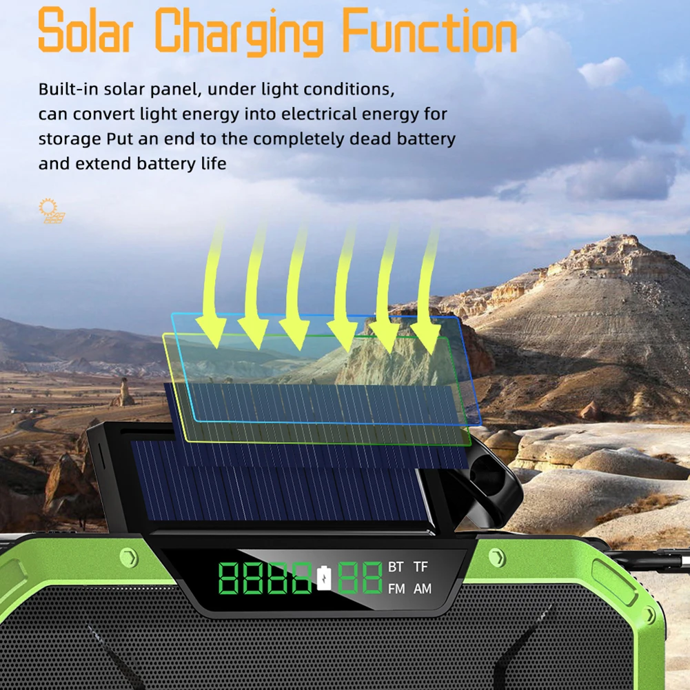 Multifunctional Hand Crank Solar Radio AM/FM Emergency Radio Bluetooth-Compatible Speaker LED Flashlight 5000mAh Power Bank