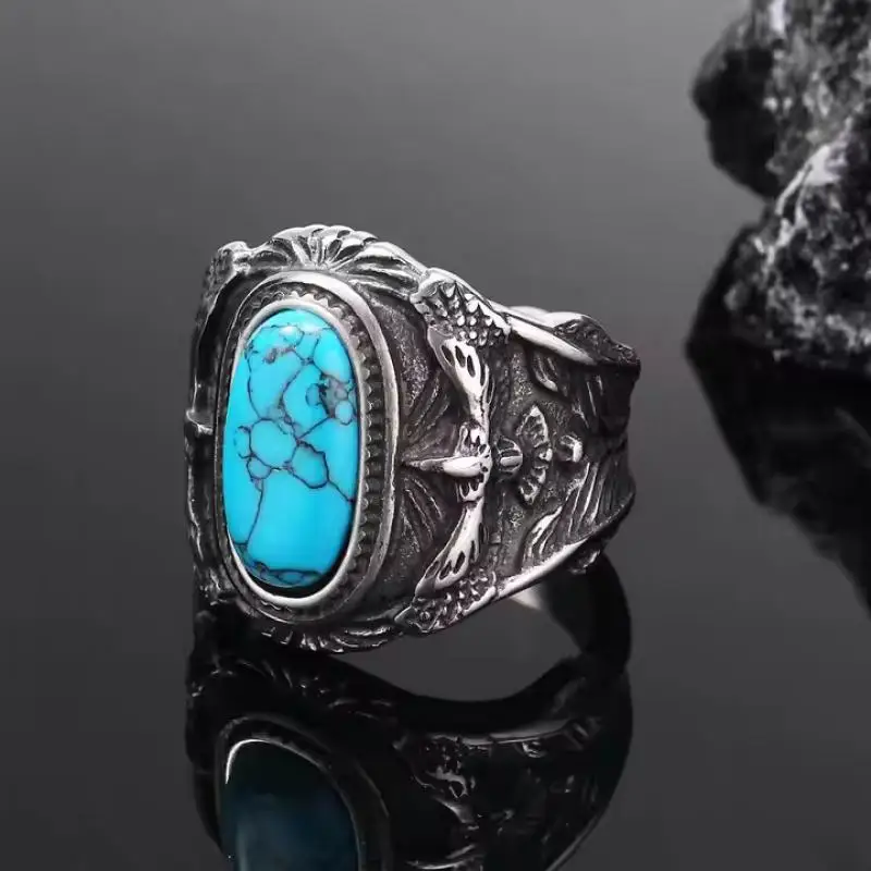The Best Exquisite Gift New Ring Gemstone Fashion Turquoise Men's Ring Inlaid with Blue Zircon Eagle Domineering Men's Jewelry