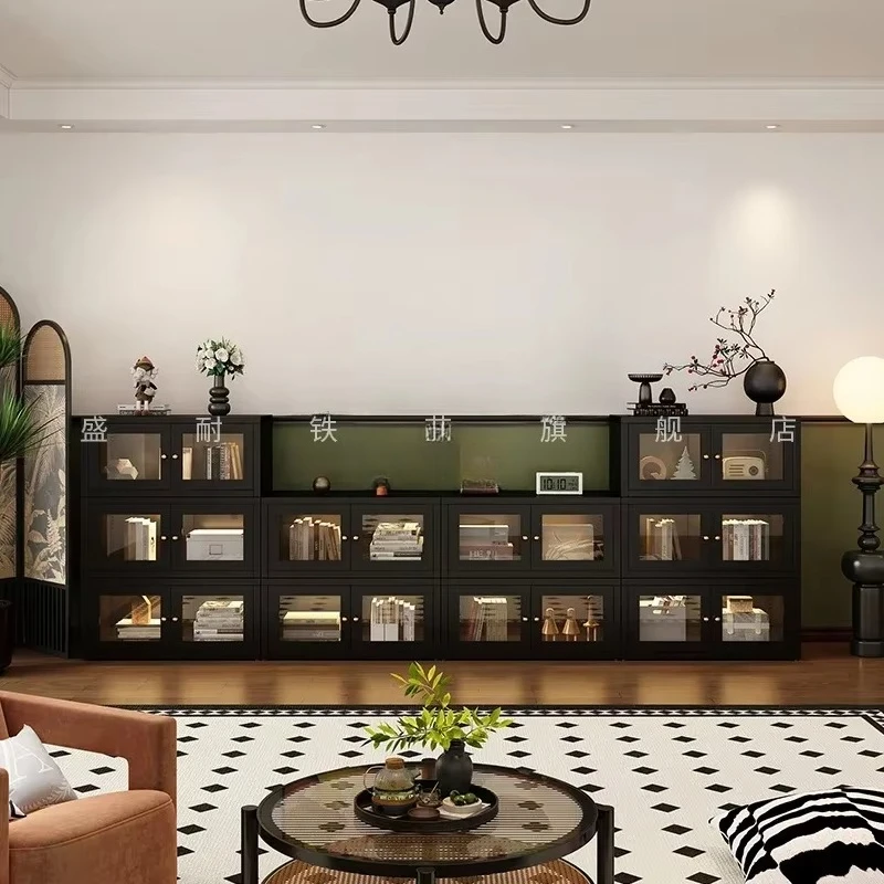 LM  low cabinet floor-to-ceiling bookshelf black retro lattice combination cabinet side cabinet storage