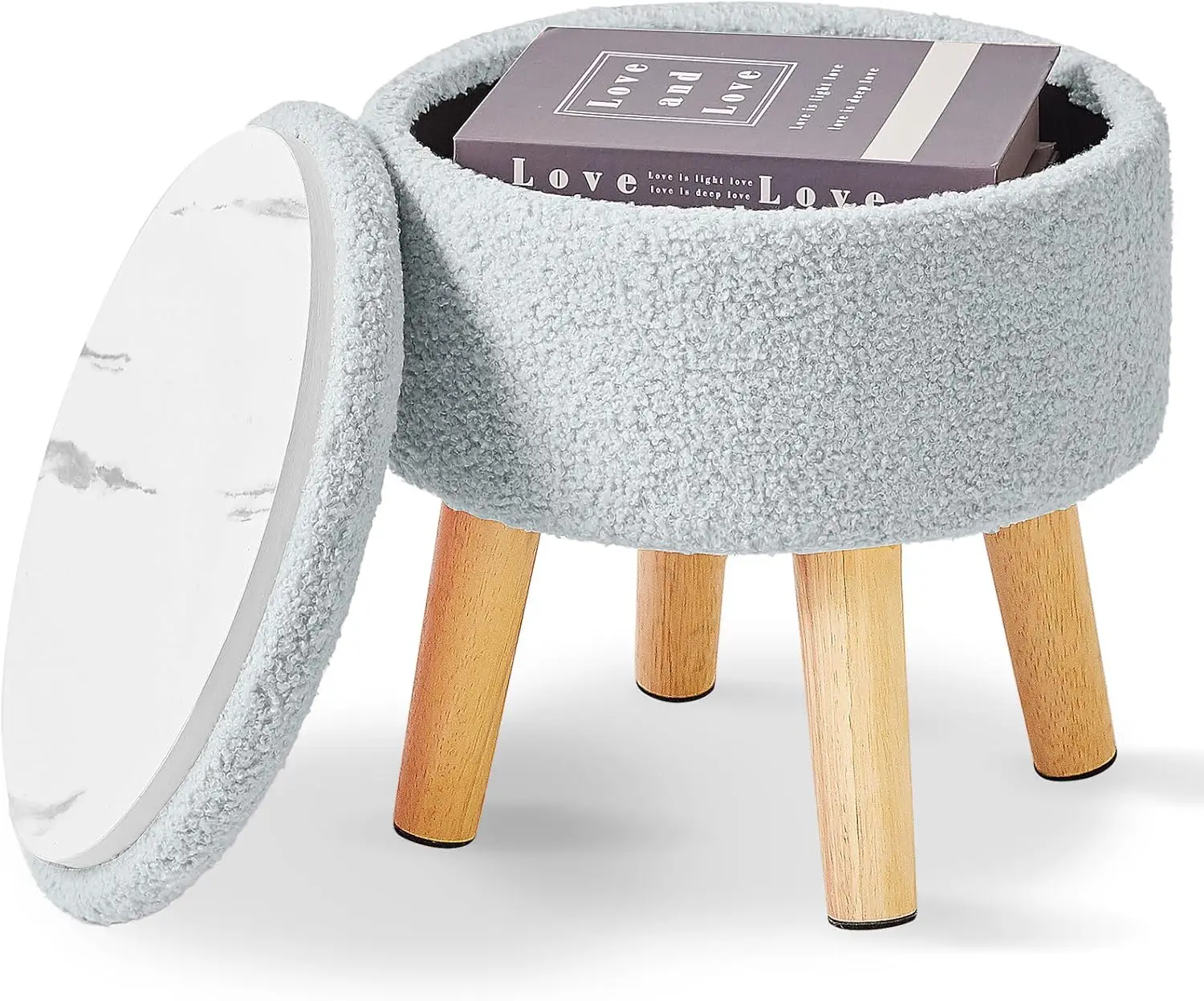 

13 H Foot Stool Ottoman With Storage, Round Small Foot Rest With Padded Seat And Wood Legs, Teddy Velvet Mini Footstool For