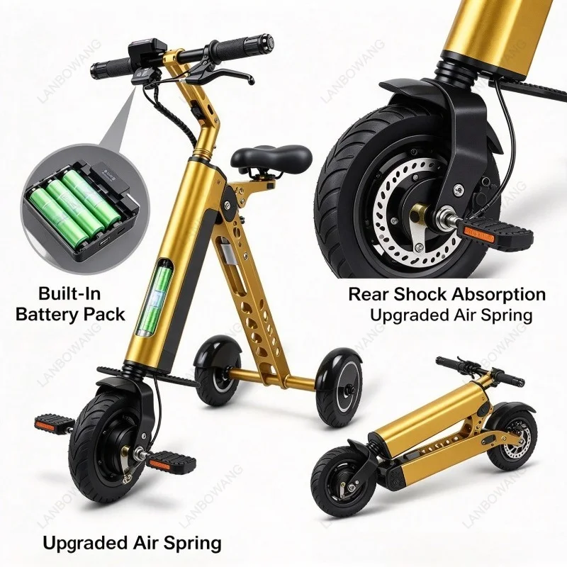 Portable Folding Three-Wheeled Electric Scooter, Lightweight Foldable Electric Vehicle for Commute & Short Trips