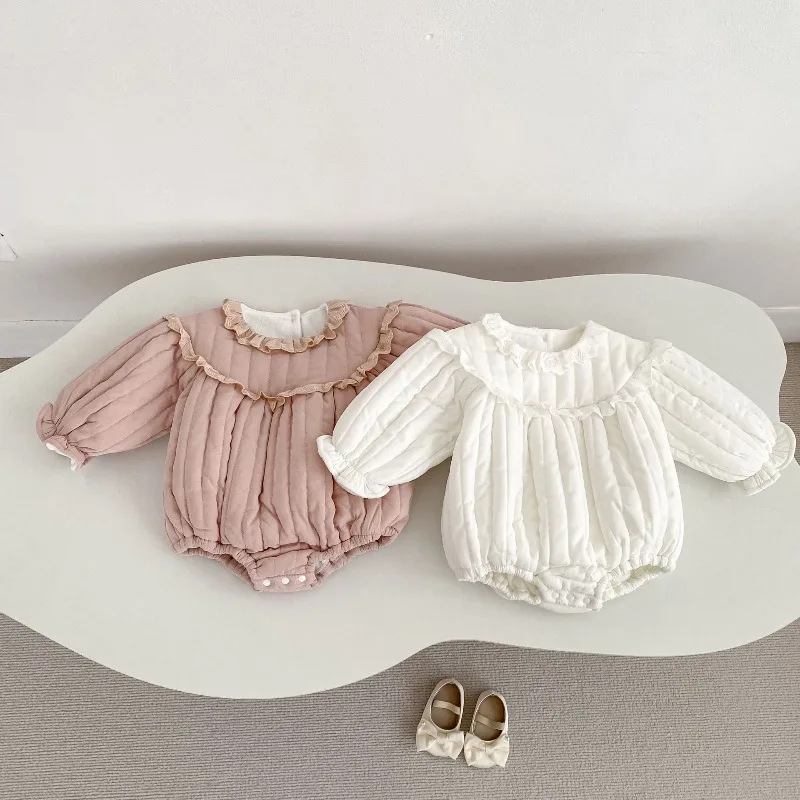 

HoneyCherry New Winter Infant Girls' Ruffled Romper Fleece-Lined, Cute Ruffled Details, Available in Two Colors Triangle Crawler