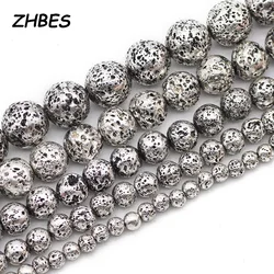 4/6/8/10/12MM Natural Lave Stone Volcanic Antique silvery Spacers Rounds Loose Beads For DIY Jewelry Making Bracelet Accessories