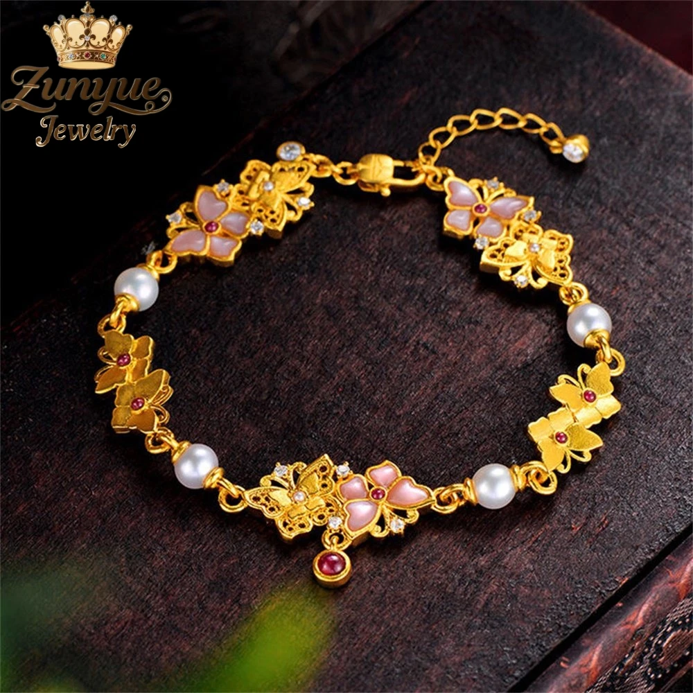 

High-End Sand Gold Enamel Pink Butterfly Pearl Bracelet Luxury Quality Jewelry Fashion Jewelry Exquisite Elegant Popular Charms