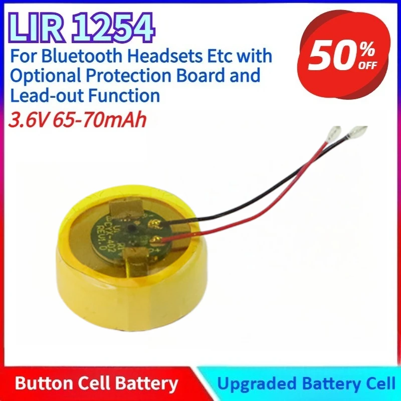 LIR1254 3.6V Rechargeable Button Cell Batteries for Bluetooth Headsets Etc with Optional Protection Board and Lead-out Function