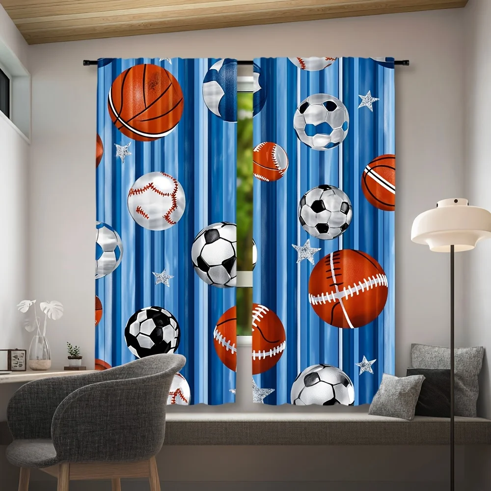 Professional Sports Curtains Football Soccer Basketball Pattern Window Curtains Blue Background Athletic Man Cave Room Decor