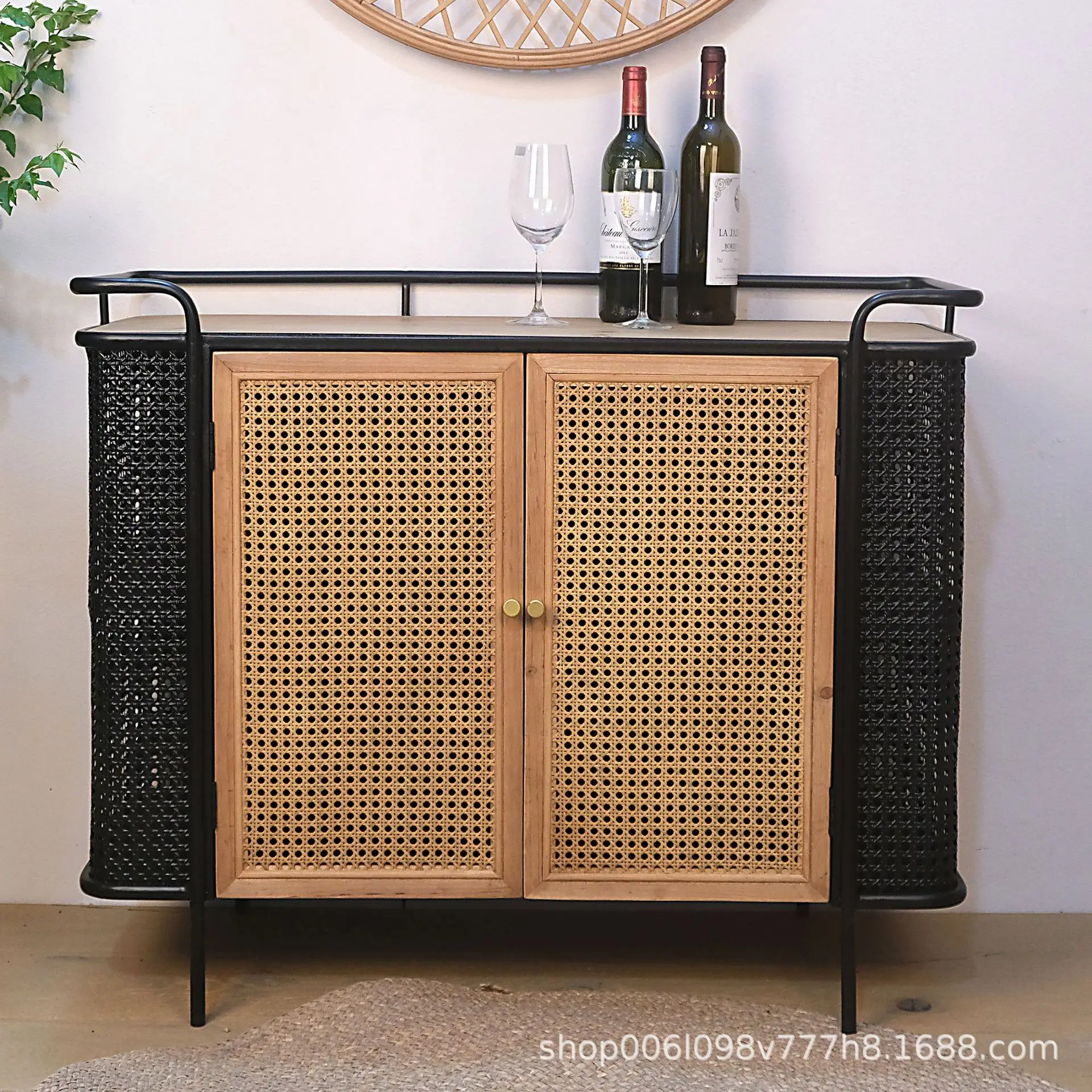 Nordic Retro Solid Wood Iron Dining Side Cabinet for Home Office Living Room Double Door Wrought Iron Rattan Storage Double