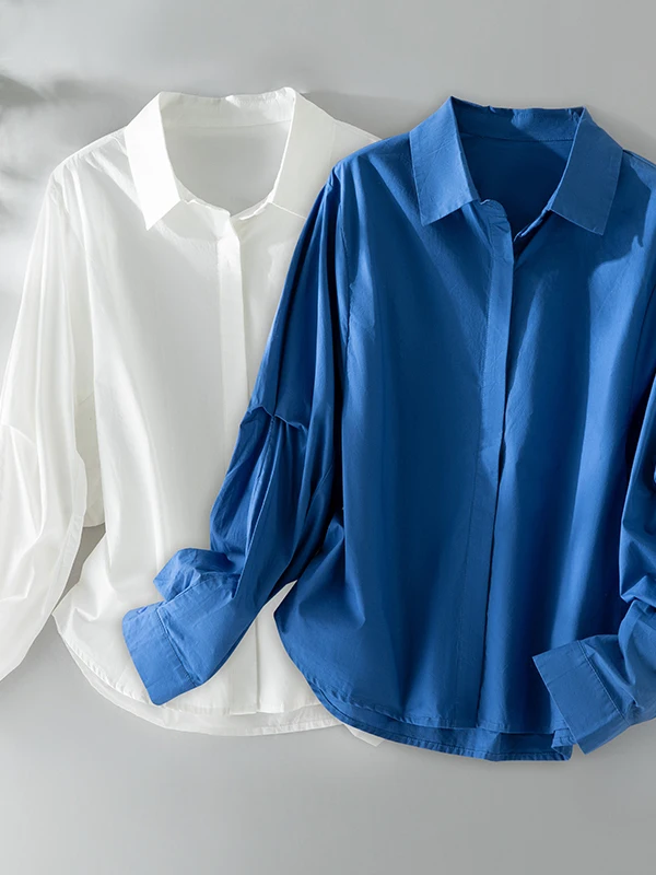 

Синяя повседневная свободная женская рубашка с длинным рукавом, весенне-осенняя, с эффектом стройности, из чистого хлопка, с воротником на пуговицах