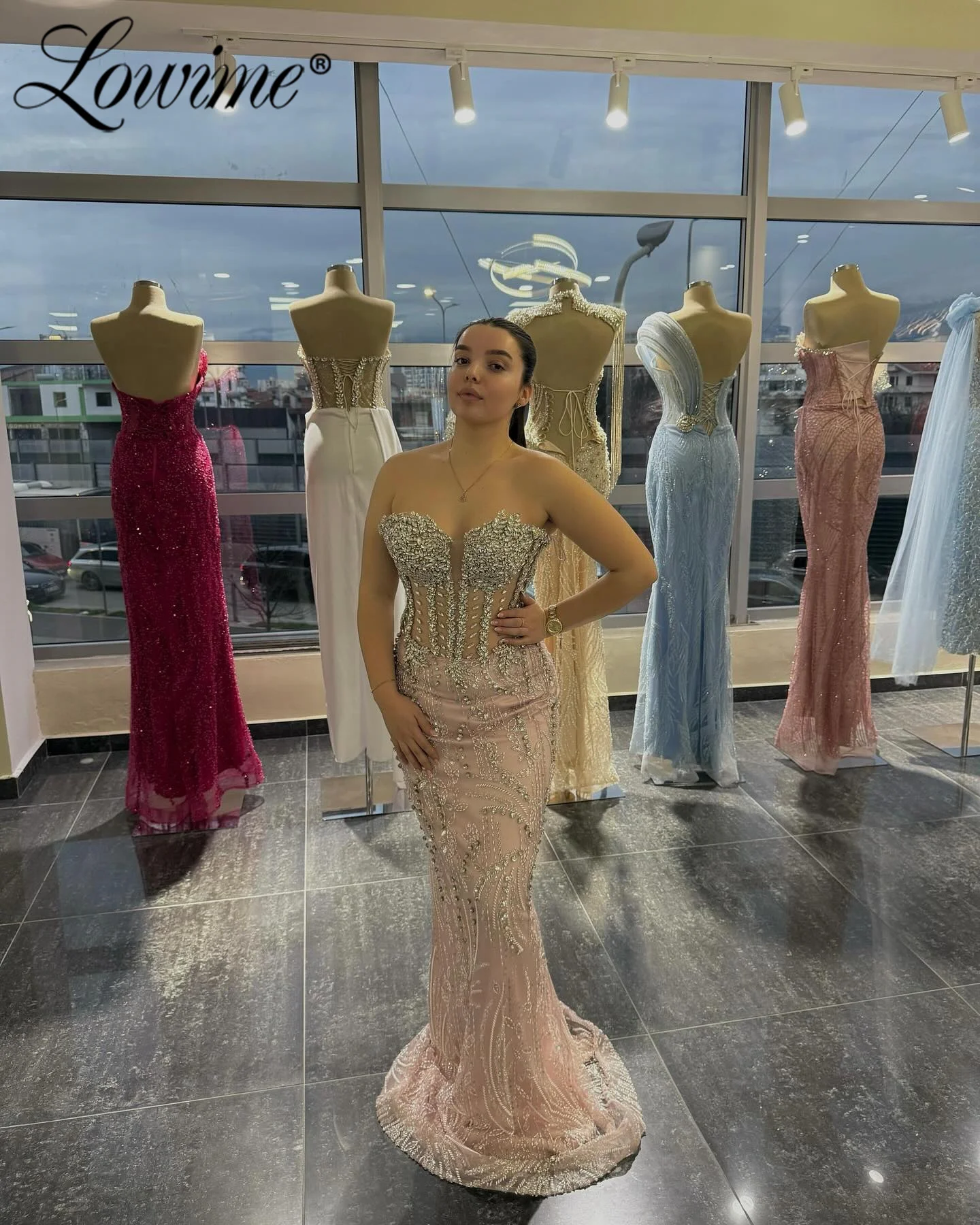 

Champagne Evening Dresses for Women Beaded Rhinestones Mermaid Prom Dress Vestido De Formatura Customized Sweetheart Party Gowns