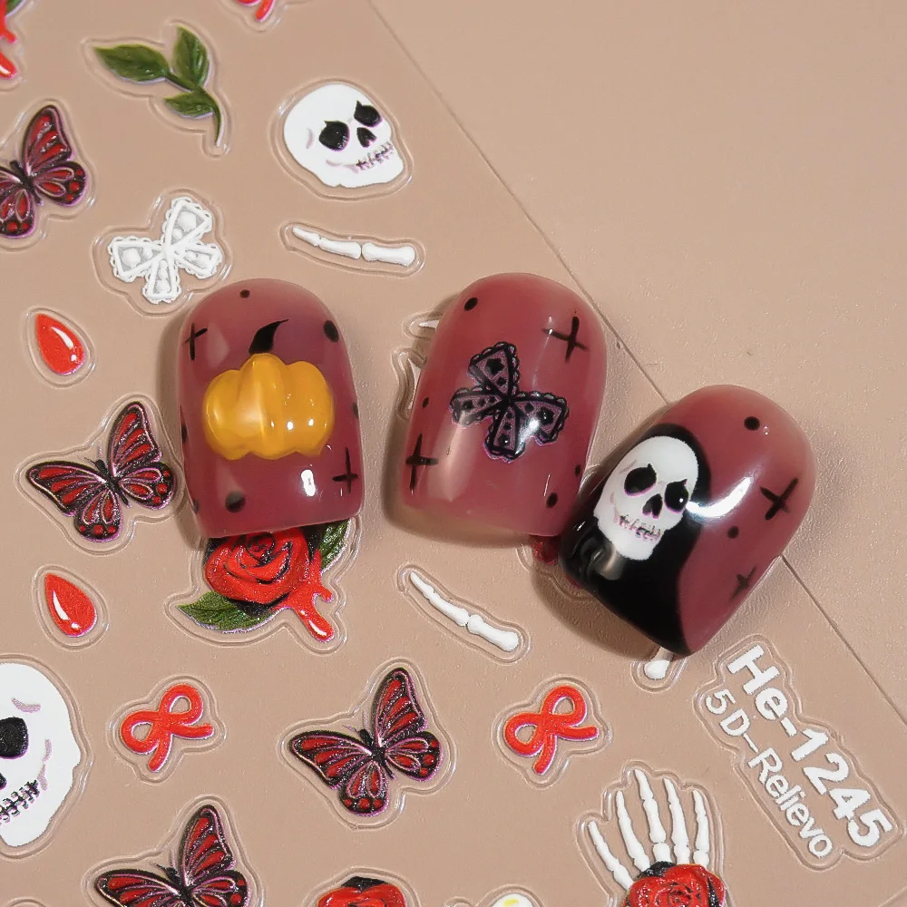 1/5/10 الجمجمة الأحمر روز فراشة Bowknot مسمار ملصقات هالوين 5D تنقش مسمار الفن ملصقات DIY بها بنفسك مانيكير الديكور الشارات