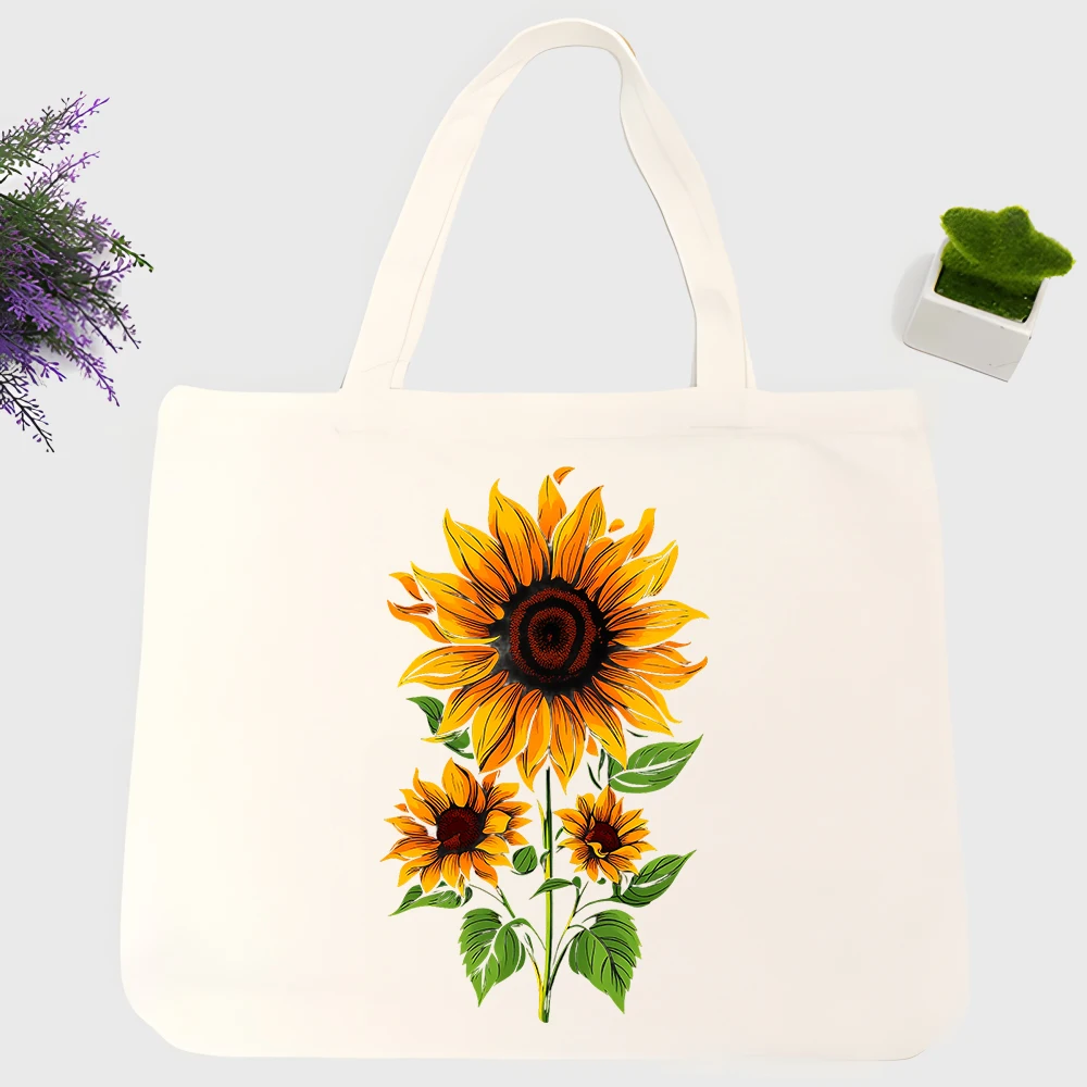 Women's sunflower print canvas tote bag, casual style for daily shopping and summer outings