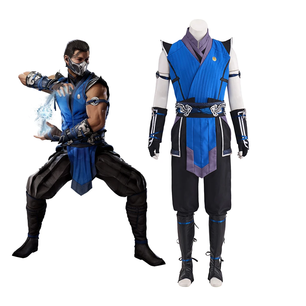 Disfraz de Mortal Kombat Sub Zero, fantasía, cinturón superior, pantalones, accesorios, traje azul, disfraz masculino, trajes de Carnaval de Halloween