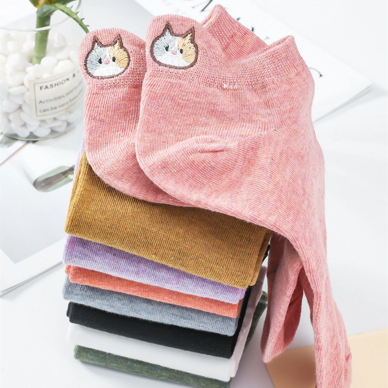 8 Pairs/Pack Women Floral Cat Embroidery Cute Cartoon Socks Spring Summer Thin Breathable Ankle Cotton Socks Set