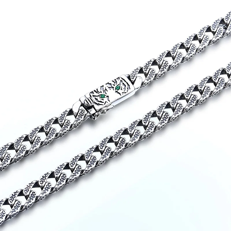 S925 sterling silver Cuban necklace thick type men's tiger head necklace vintage Thai silver trendy jewelry