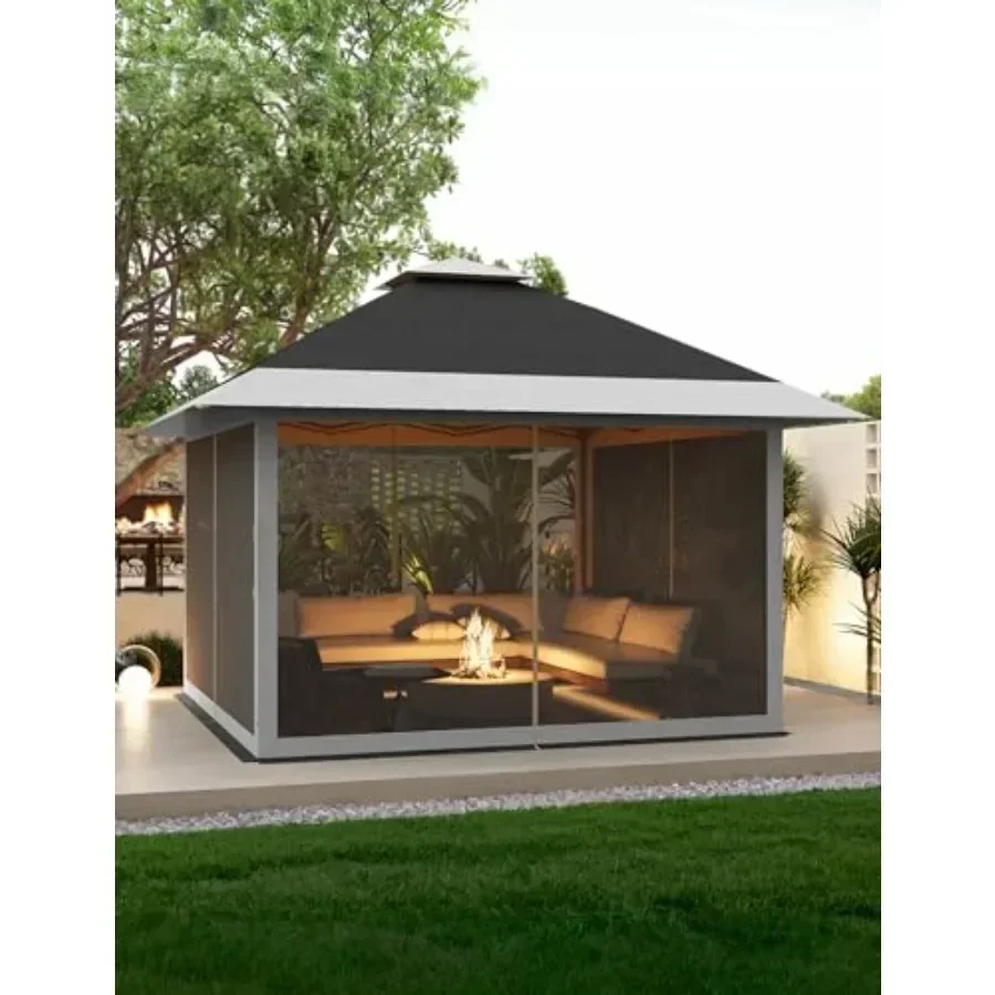 13x13 Pop Up Gazebo Outdoor  Shelter with Mosquito Netting 4 Stags  Gazebo Tent for Lawn Garden Backyard Deck Charcoal Gray + L