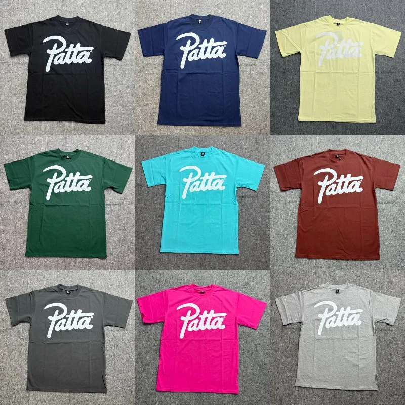 Street Style Multi Color Loose PATTA T-Shirts White Art Script Print Men Crew Neck Patta Short Sleeve Tops