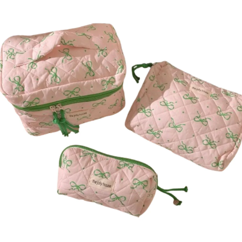 

Стеганая косметичка с бантом, многофункциональная, вместительная, легкая, мягкая, для хранения косметики, для улицы