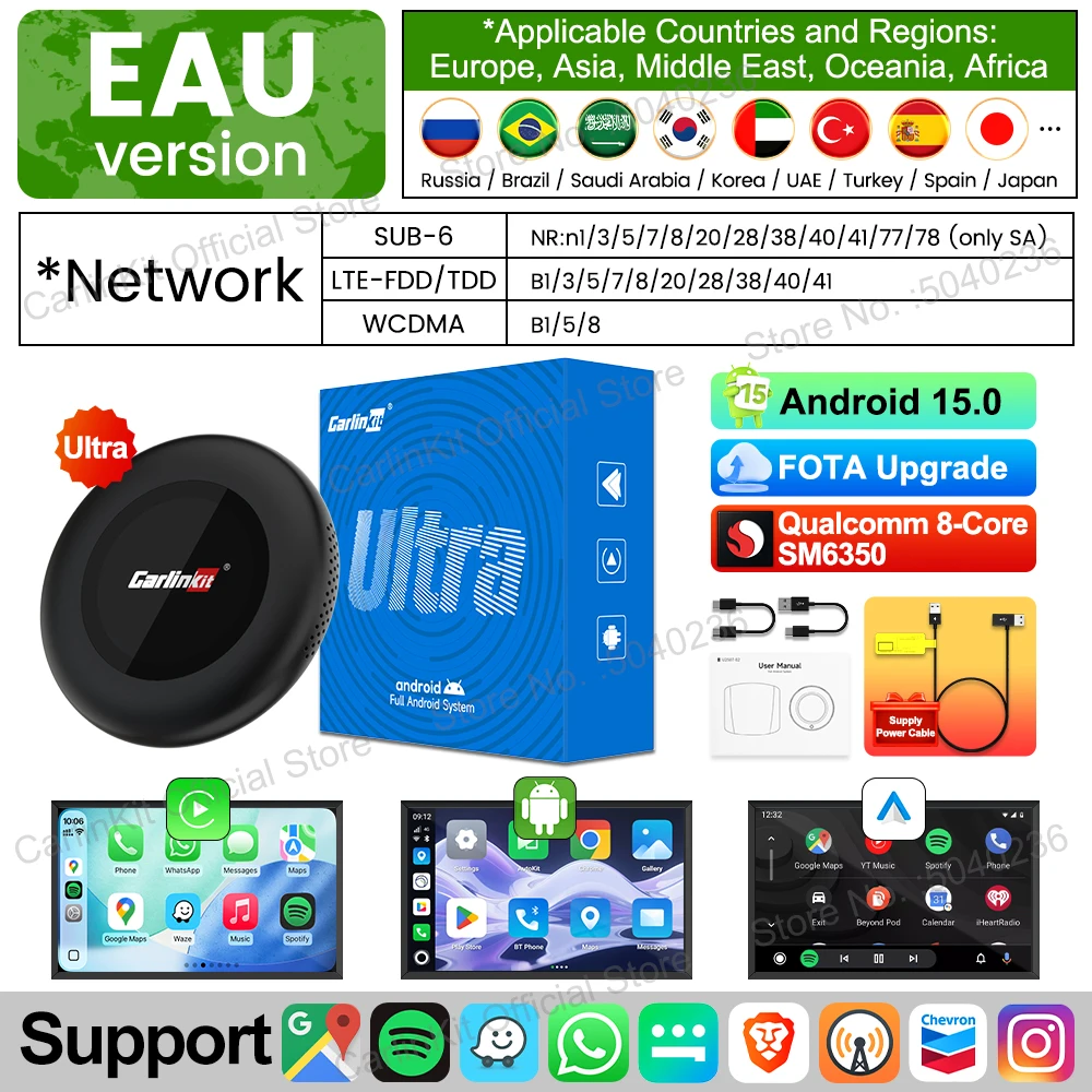 CarlinKit 5G LTE Android 15 TV Box Tbox-Ultra3 WiFi6 SM6350 8-Core Draadloze Android Auto CarPlay LCD Scherm voor Netflix IPTV BMW