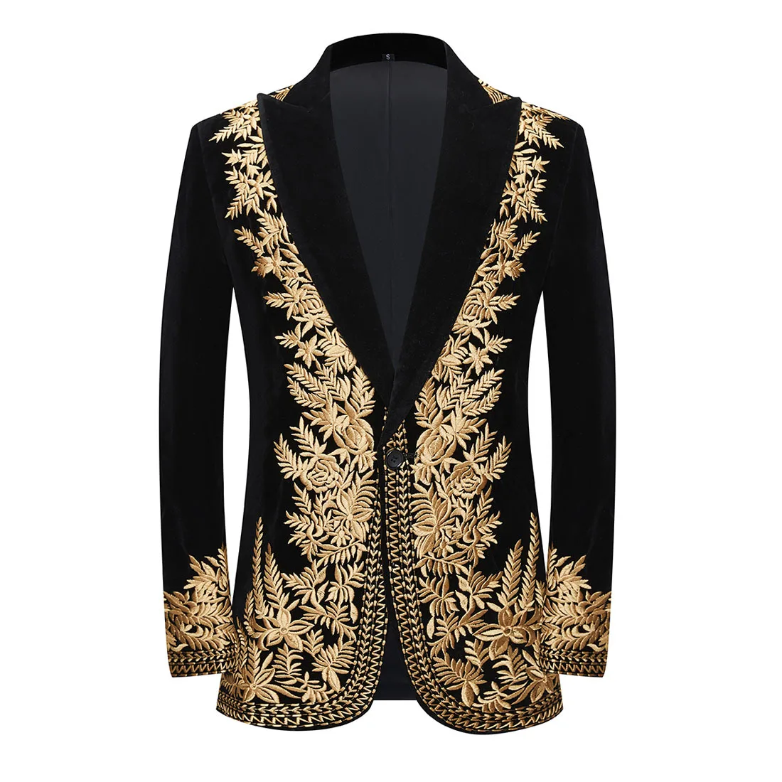 Luxury Men\'s Wedding Suit Jackets Gold Black Velvet Embroidery Blazers Single Button Groom Banquet Host Singer Stage Tuxedo Coat