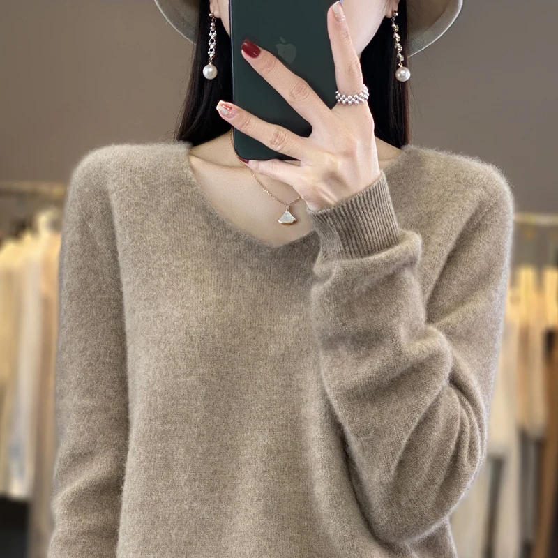 

New 100% Cashmere Sweater Women's V-neck Pullover Loose Fashion Wool Sweater Autumn/Winter Korean Edition