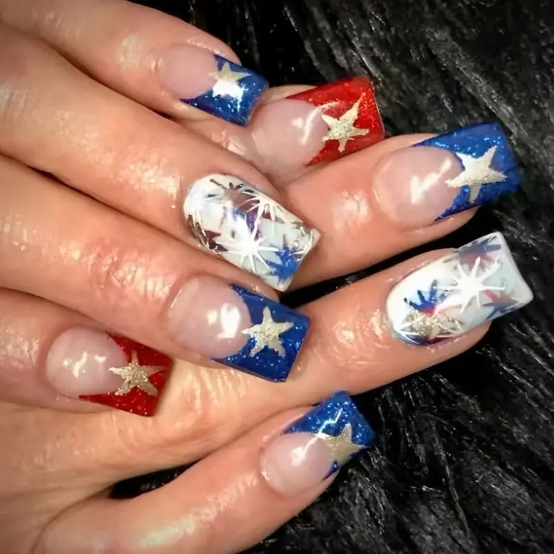 

Q1FB Square Press on 4th of July Fake Independence Day Glues on Patriotic False Full Cover Fake