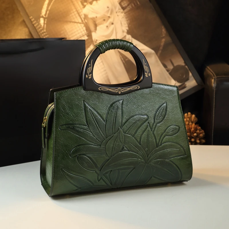 Retro Genuine Leather Women's Handbags Fashion All-Match Mom Shoulder Crossbody Bag Lady Flower Portbale Top Handle Bags