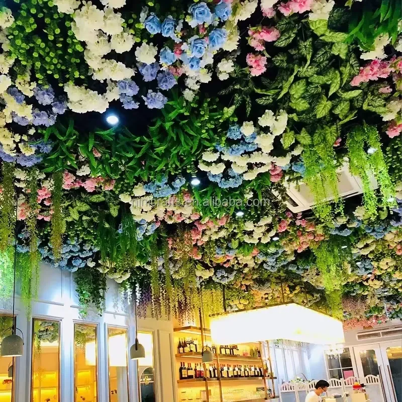 Modern Style Waterproof Ceiling Restaurant Artificial Silk Plastic Plant Decor Wall Hanging Green Vine Flower Simulation