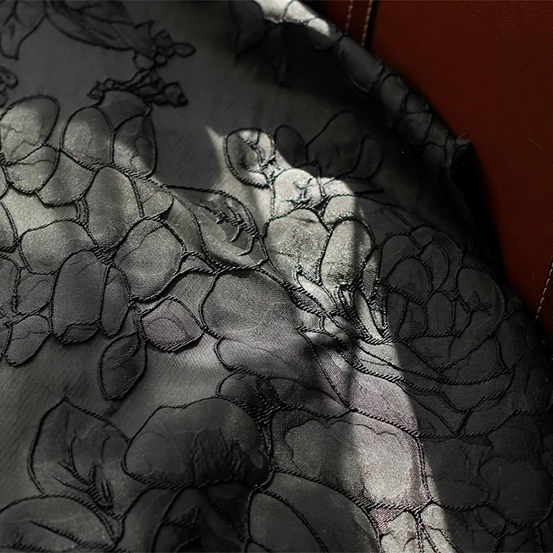 Black Embossed Large Flower Yarn Dyed Jacquard Fabric Spring Summer Luggage Bag Skirt Dress Making Fabric 50cmx140cm